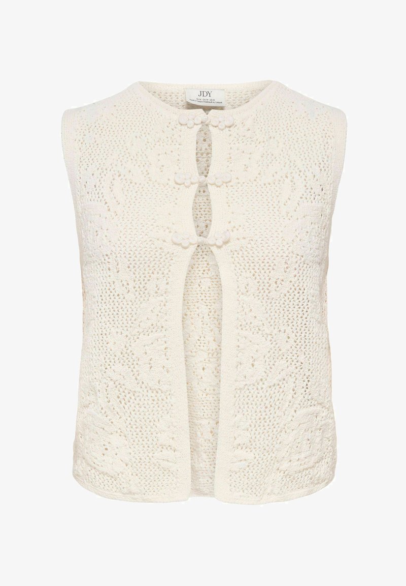 Veste en crochet sans manches de couleur crème avec des boutons floraux et une ouverture à l'avant.