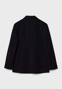 Black blazer featuring a notched collar, long sleeves, and a straight cut. Made of smooth fabric with a clean back design.