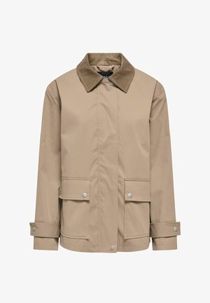 Veste beige avec col en velours côtelé, boutons-pression sur le devant, deux poches à rabat et poignets réglables à bouton-pression, conçue pour une tenue décontractée.