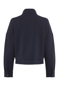 Dunkelblaue, lange, verkürzte Jacke mit Kragen und geknöpften Manschetten, Rückansicht.