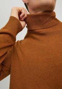 Brunstickad polotröja med ribbade muddar och krage; mjuk textur med en åtsittande design som framhäver nackområdet.