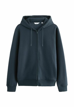 Dunkelblauer Reißverschluss-Hoodie aus weichem Stoff, mit Kordelzugkapuze, gerippten Bündchen und Saum. Minimalistisches Design ohne Muster.
