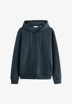 Dunkelblauer Reißverschluss-Hoodie aus weichem Stoff, mit Kordelzugkapuze, gerippten Bündchen und Saum. Minimalistisches Design ohne Muster.