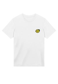 Weißes Baumwoll-T-Shirt mit kurzen Ärmeln und einem kleinen, gestickten Zitronenmotiv auf der linken Brust. Schlichte, klassische Passform.