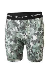 Męskie bokserki w zielonym wzorze camouflage, wykonane z gładkiego materiału. Posiadają czarny elastyczny pas z logo "Champion" i "COMBAT".