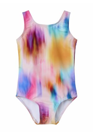 Einteiliger Badeanzug mit einem mehrfarbigen, verschwommenen Batikmuster in den Farben Pink, Blau, Orange und Gelb; aus elastischem Stoff gefertigt.