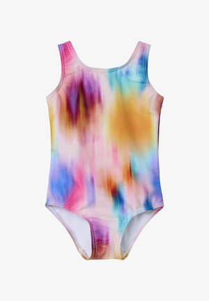 Maillot de bain une pièce présentant un motif tie-dye flou multicolore dans des tons de rose, bleu, orange et jaune ; fabriqué en tissu extensible.