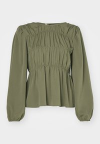 Blouse vert olive à manches longues bouffantes, corsage froncé et silhouette fluide. Tissu doux à texture froncée avec fermeture à boutons au dos.