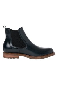 Bottine Chelsea en cuir noir avec panneau latéral élastique, languette tire-chaussette au talon et semelle empilée en bois marron.
