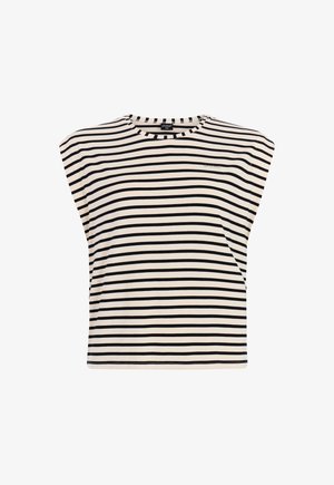 Chemise à manches courtes à rayures horizontales noires et blanches, avec un col rond et un logo de marque subtil sur la poitrine.