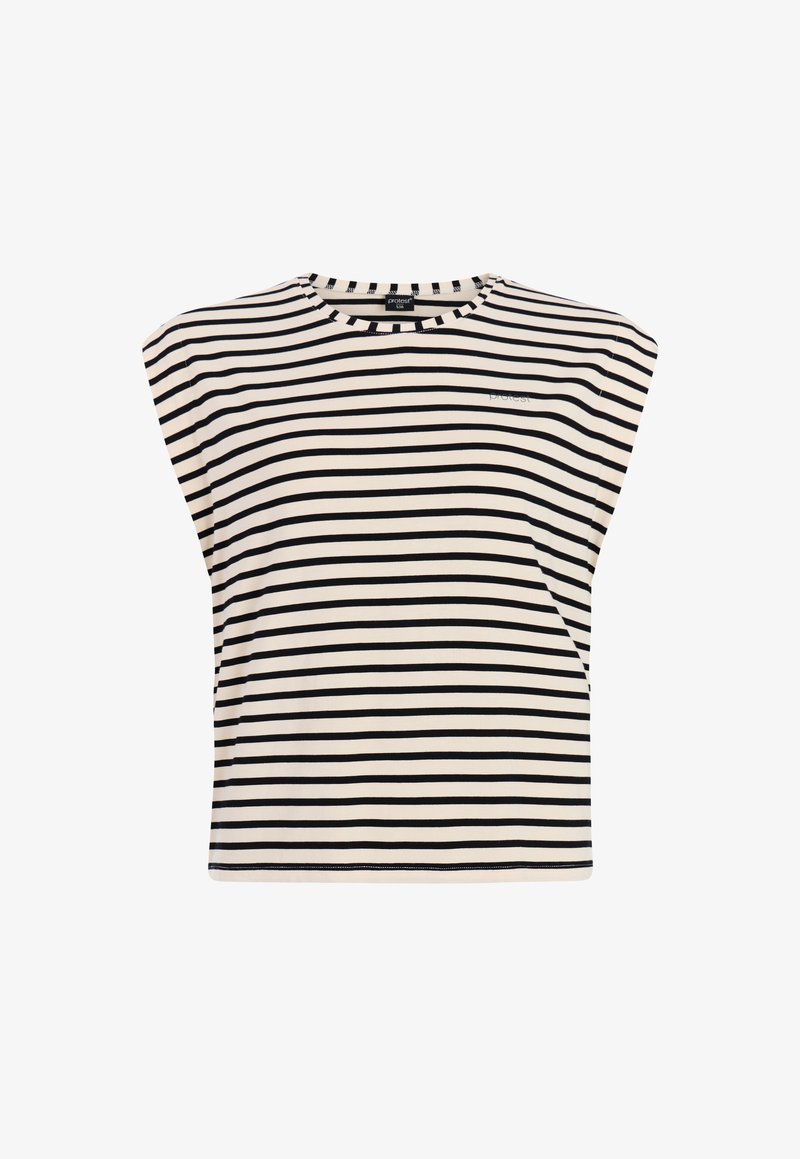 Zwart-wit horizontaal gestreept shirt met korte mouwen, een ronde halslijn en een subtiel merklogo op de borst.