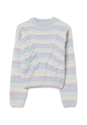 Pull en tricot avec des rayures bleues, roses et blanches. Présente des détails en relief en câble et un col et des poignets côtelés. Texture douce.