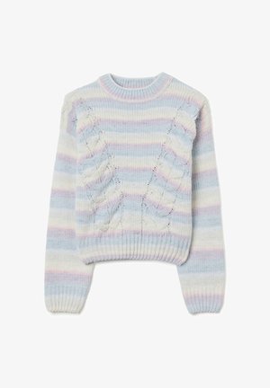 Strickpullover mit blauen, pinken und weißen Streifen. Verfügt über erhabene Kabeldetails sowie einen gerippten Halsausschnitt und Bündchen. Weiche Textur.