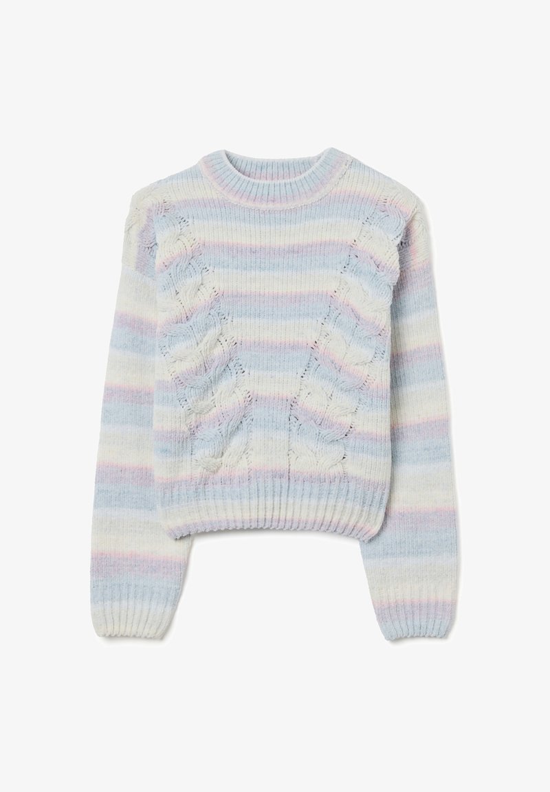 Strickpullover mit blauen, pinken und weißen Streifen. Verfügt über erhabene Kabeldetails sowie einen gerippten Halsausschnitt und Bündchen. Weiche Textur.