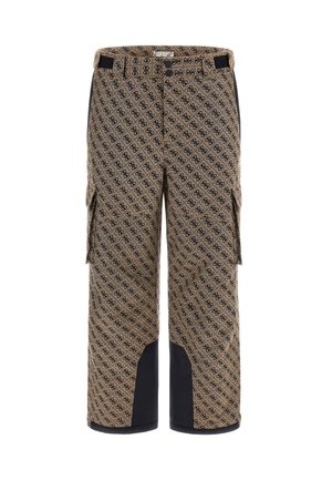 Braune Cargo-Hosen mit Muster und schwarzen Akzenten an den Seiten, ausgestattet mit Seitentaschen und einem lässigen Schnitt. Das Material ist langlebig und hat eine strukturierte Oberfläche.