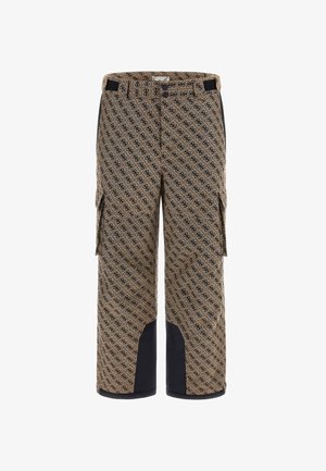 Bruine cargo broek met een patroon en zwarte accenten aan de zijkanten, voorzien van zijzakken en een ontspannen pasvorm. Het materiaal is duurzaam met een gestructureerde afwerking.