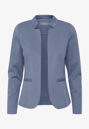 Zils žakets ar nedaudz strukturētu dizainu, kuram ir mandarina apkakle, divas priekšējās kabatas un katras kabatas apdare ar pogu.