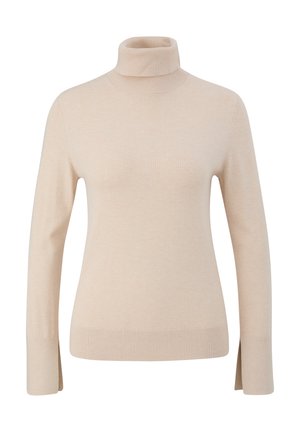 Beige turtleneck sweater made of soft knit fabric. Features a fitted design with long sleeves and side slits at the hem.