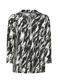 Blusa bianca e nera con tessuto texture, maniche lunghe, scollatura a V e motivo astratto a spirale con chiusure a bottone.