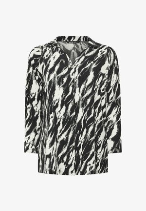 Zwart-witte blouse met een gestructureerde stof, lange mouwen, een V-halslijn en een wervelend abstract patroon met knoopsluitingen.