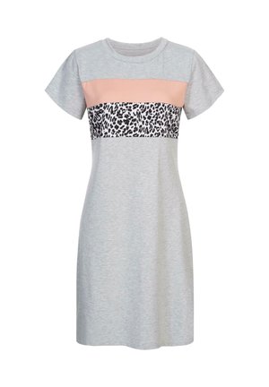 Siva obleka s kratkimi rokavi, ki ima roza panel in leopardji print vzdolžni pas. Mehka bombažna tkanina z udobnim krojem.
