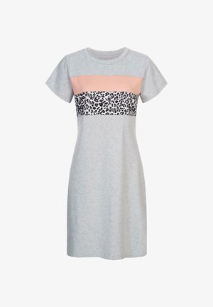 Abito grigio a maniche corte con un pannello rosa e una striscia orizzontale leopardata in vita. Realizzato in morbido cotone con una vestibilità ampia.