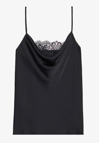 Zwarte camisole met verstelbare schouderbandjes, een gewatteerde halslijn en ingewikkelde zwarte kantafwerking langs de bovenkant. Glad satijnachtig materiaal.