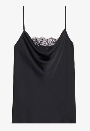 Svart camiset med justerbare stropper, draperte halslinje og intrikat svart blonderkant langs toppen. Glatt satinlignende stoff.
