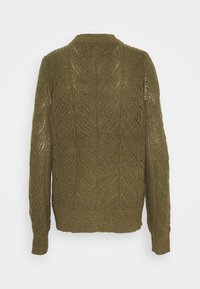 Olive green knitted sweater with a textured leaf pattern, ribbed cuffs, and hem. Features long sleeves and an open knit design.