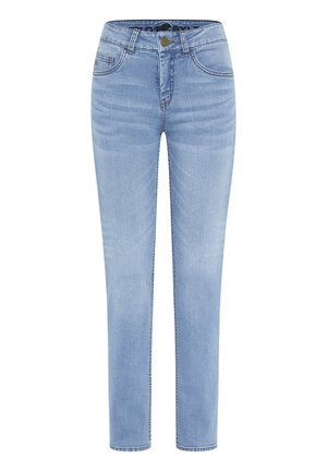 Light blue denim jeans with a straight-leg design, five-pocket style, and visible stitching. Features a front button and zipper closure.