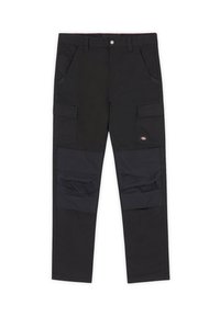 Black cargo pants made of durable fabric, featuring five pockets, a button closure, and textured accents on the legs.