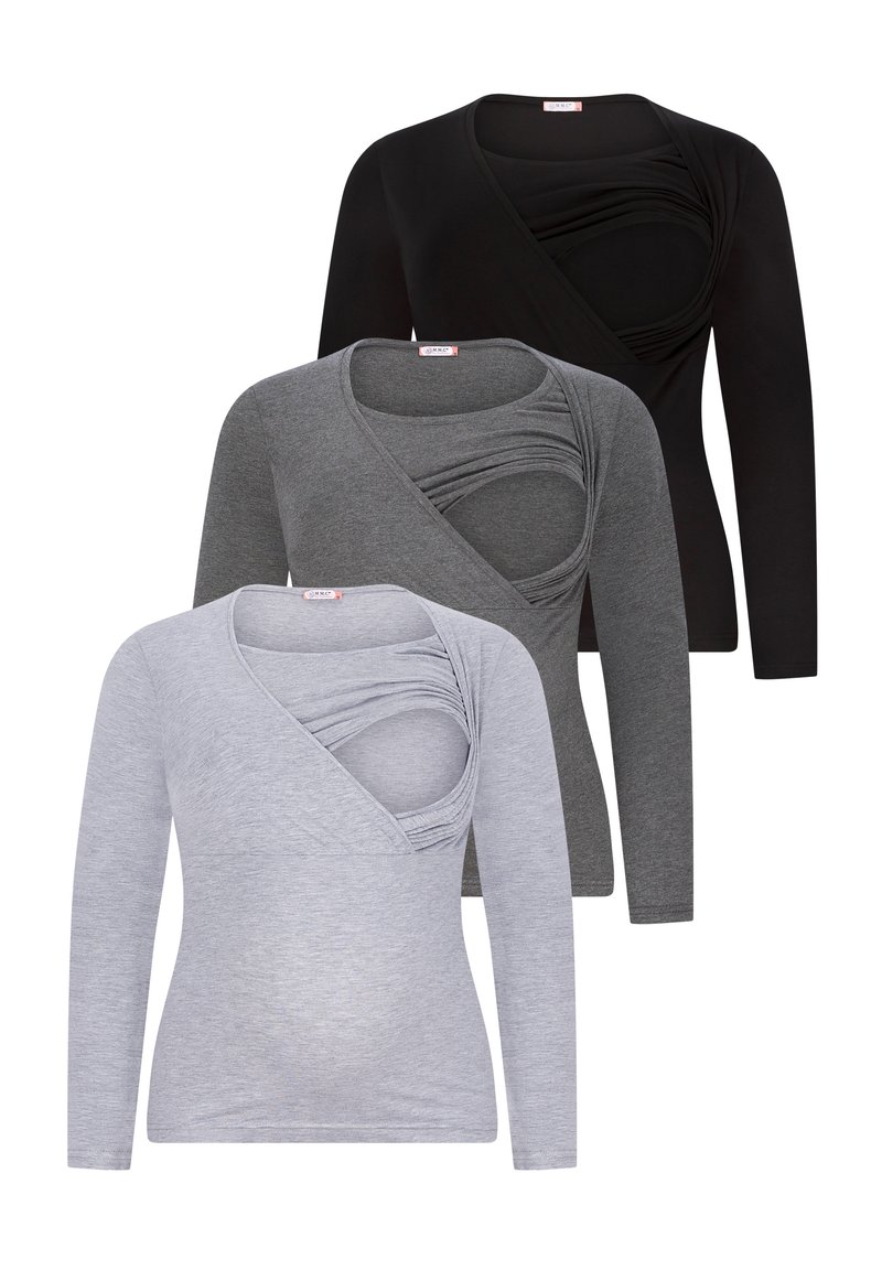 Three long-sleeve tops in black, dark grey, and light grey. Each features a wrap design with gathered detailing at the neckline.