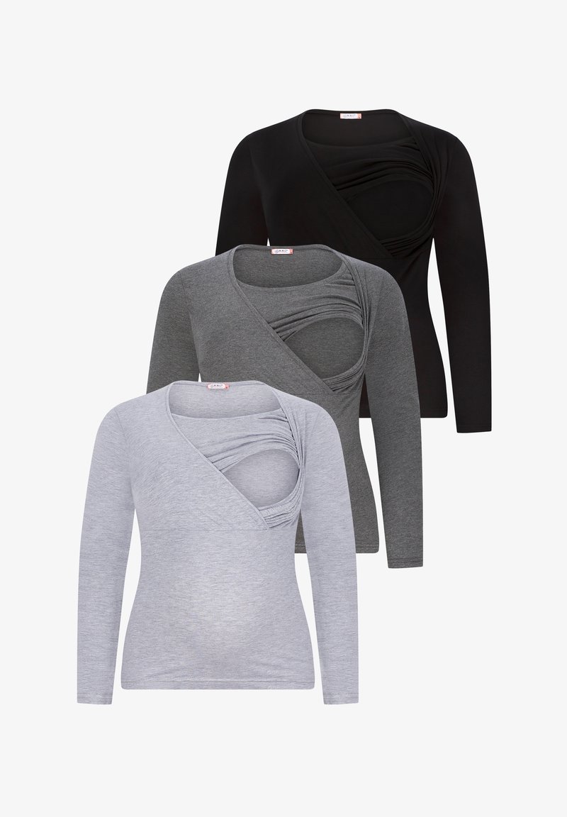 Three long-sleeve tops in black, dark grey, and light grey. Each features a wrap design with gathered detailing at the neckline.