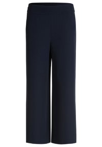 Marineblauwe wijde broek gemaakt van een gladde, rekbare stof met een elastische tailleband en zonder zichtbare zakken of versieringen.