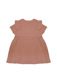 Ruffled short-sleeve dress in muted pink, made of soft, textured fabric. A-line silhouette with a gently flared hem and seam detail.
