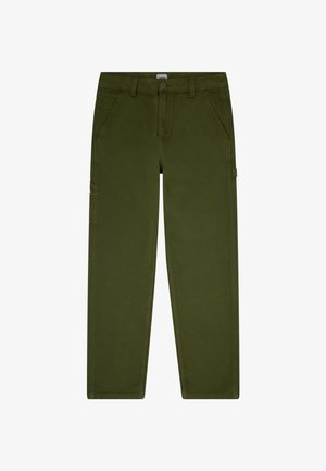 Olivzaļas taisnas bikses ar sānu kabatām, jostas cilpām un pogu aizdari viduklī, piemērotas ikdienas valkāšanai.