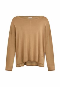 Beige sileti salliga kudum, mis on mugava lõikega, laia kaelusega ja soonikkudumise detailidega. Omab peent diagonaalset õmblust ja viimistlemata servade detaile.