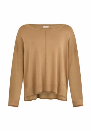 Beige gebreide trui met een losse pasvorm, brede halslijn en ribbelaccenten. Beschikt over een subtiele diagonale naad en onafgewerkte zoomdetails.
