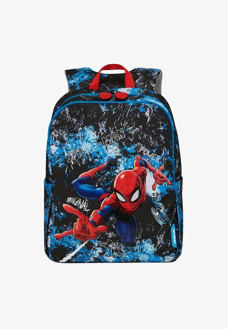 Mochila con temática de Spider-Man, fabricada en tejido duradero, con una combinación de colores azul y negro, estampado gráfico y acentos rojos en las cremalleras.
