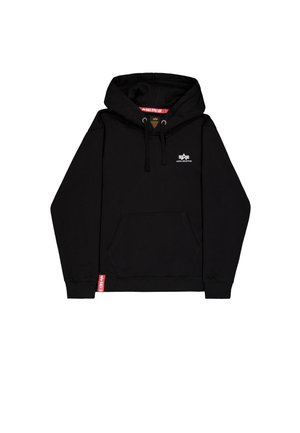 Black hoodie made of cotton blend fabric, featuring a front pocket, drawstring hood, ribbed cuffs, and hem. Small logo printed on the chest.