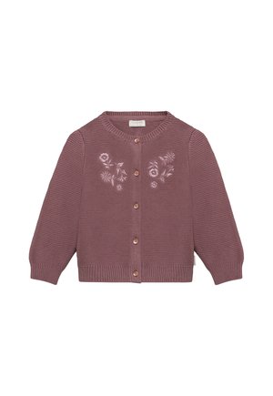 Kinder mauve gebreide cardigan met lange mouwen, knopen aan de voorkant en geborduurde bloemmotieven op het borstgebied.