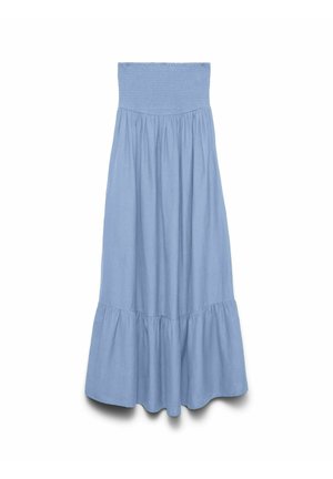 Robe longue bleu clair sans bretelles avec corsage froncé et ourlet à volants, en tissu fluide.