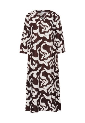 Langärmeliges Midikleid mit braun-weißem abstraktem Wirbelmuster und entspannter Passform.