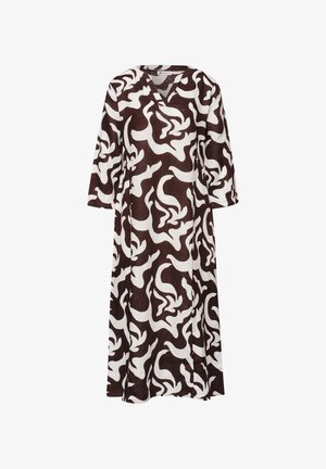 Vestido midi de manga larga con patrón abstracto en espiral marrón y blanco y un corte relajado.