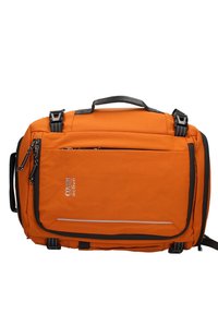 Sac de voyage rectangulaire orange vif avec des sangles noires, des compartiments à fermeture éclair et une poignée supérieure, étiqueté "COVERI active" sur la poche avant.