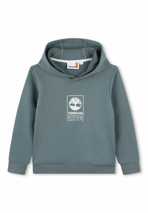 Sweat à capuche vert pâle pour enfants de Timberland avec logo et texte centrés sur la poitrine, doté d'une capuche et de poignets et ourlet côtelés.