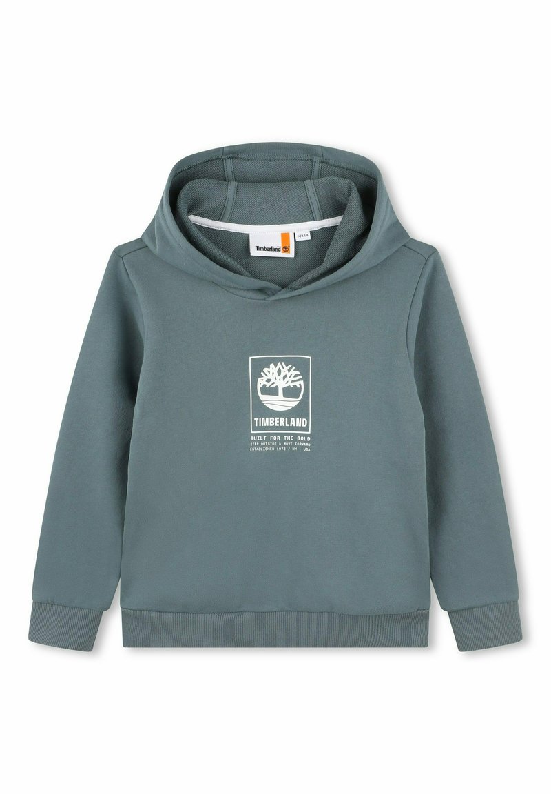 Sweat à capuche vert pâle pour enfants de Timberland avec logo et texte centrés sur la poitrine, doté d'une capuche et de poignets et ourlet côtelés.