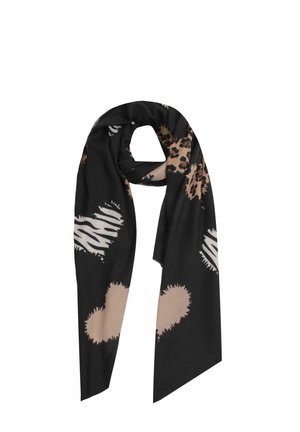 Black scarf featuring animal print design with leopard spots, zebra stripes, and abstract shapes in beige and light brown. Smooth texture.