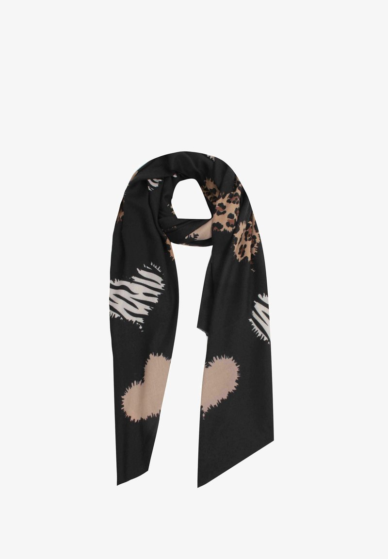 Black scarf featuring animal print design with leopard spots, zebra stripes, and abstract shapes in beige and light brown. Smooth texture.