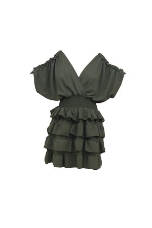 Rochie verde cu volane, cu mâneci off-the-shoulder, talie cusută și tiv ondulat în straturi, confecționată dintr-un material ușor.